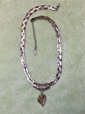 Silver -Tone Braided Chain Necklace with Fancy Heart Pendant